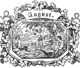 Month of August, bathing in the lake on a sunny day, swimming, grapevine ornamentation,