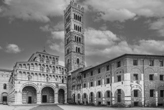 The Cathedral of San Martino, historic city centre, black and white photo, Lucca, Tuscany, Italy,