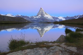 Matterhorn and mountain lake, Stellisee, Valais, Switzerland, Europe