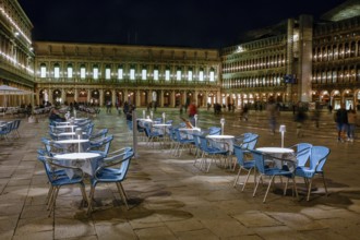 Empty café in St Mark's Square at night, Corona pandemic, Venice, Veneto region, Italy, Europe