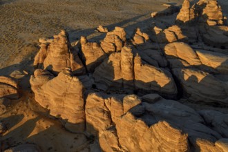 Rock landscape at Jabal Ithlib, blue hour, aerial view, Hegra or Mada'in Salih, AlUla region,