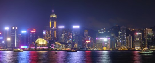 Panorama of Hong Kong skyline cityscape downtown skyscrapers over Victoria Harbour in the evening