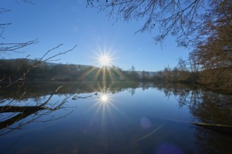Lake at sunrise, Freudenberg am Main, Untermain, Spessart, Odenwald, Franconia, Baden-Württemberg,