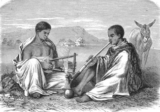 Abyssinia, Local peasants smoking a pipe and playing a musical instrument, 1869, Ethiopia,