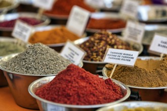 Various spices, tandoori masala at a market stall, multilingual labelling on signs, weekly market