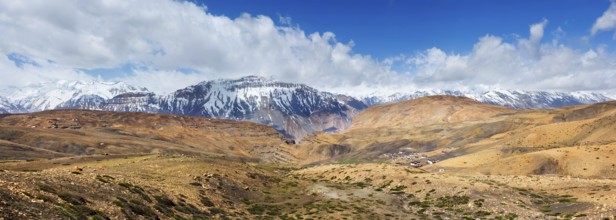 Panorama of Spiti valley and Kibber village. Spiti Valley, Himachal Pradesh, India, Asia