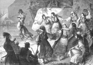 Women in traditional traditional costume dancing Romaika, a folk dance from Greece, in 1869,