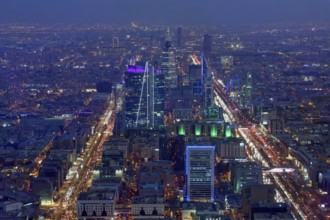 Panoramic view from the Sky Bridge, blue hour, Kingdom Center, Riyadh, Saudi Arabia, Asia
