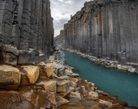 Stuðlagil Canyon, turquoise river between basalt columns, Egilsstadir, Iceland, Europe