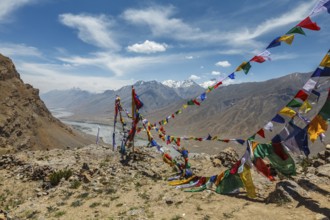 Buddhist prayer flags (lungta) in Spiti Valley in Himalayas, Himachal Pradesh, India, Asia
