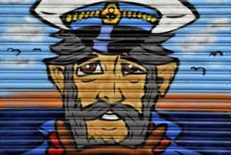 Graffito of a captain, Reeperbahn, St. Pauli, Hamburg, Germany, Europe