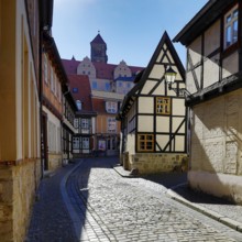 Half-timbered houses in Finkenherd with Schlossberg, alley in the old town centre of the World