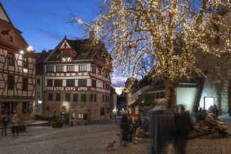 Albrecht Dürer House with tree of lights in the evening at Christmas time, Tiergärtnertorplatz,