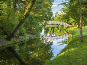The Chinese or White Bridge in Wörlitz Park in the evening light, Garden Kingdom Dessau-Wörlitz,