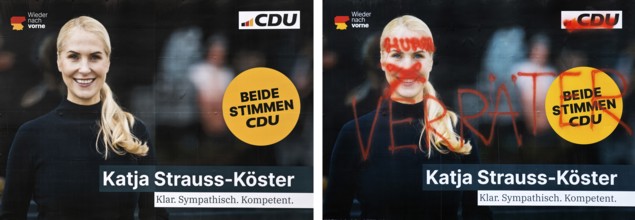 Comparison of two large posters for the 2025 federal election by the CDU with Katja Strauss-Köster,