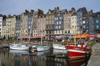 Honfleur, Normandy, France - Boats on the Quai Sainte-Catherine in the old harbour, Vieux Bassin,