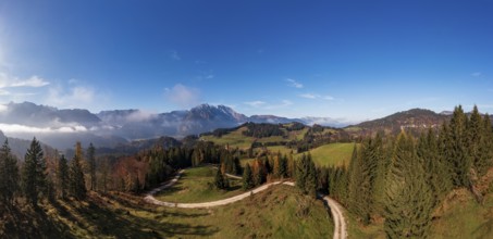 Drone shot, view from the Moosegg high plateau to the Hoher Göll, Golling, Osterhorn group,