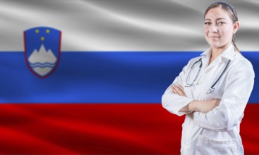 Female Doctor on Slovenian Flag. Doctor with Crossed Arms on Slovenian Flag. Slovenia Health and