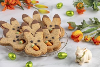 Bunny biscuits with carrots next to orange flowers and Easter bunny