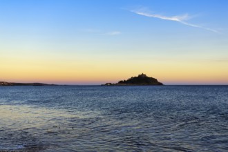 St Michael's Mount, tidal island with castle, evening sky, single cirrus, Marazion, Cornwall,