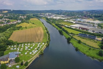 Hattingen, North Rhine-Westphalia, Germany - Cityscape on the Ruhr, Ruhr promenade, in front a