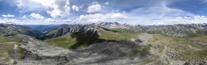 Panorama, mountain landscape with mountain hut Glorer Hütte and summit Großglockner, aerial view,