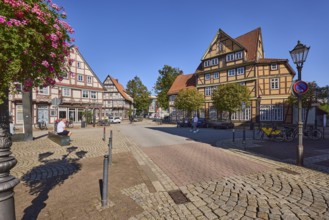 Lantern, flower decoration, ivy geranium (Pelargonium Peltatum), historic half-timbered houses,