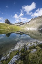 Mountain lake Bödensee with reflection, mountain landscape with summit Gösleswand and