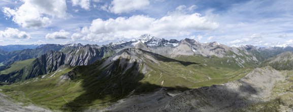 Panorama, mountain landscape with mountain hut Glorer Hütte and summit Großglockner, aerial view,
