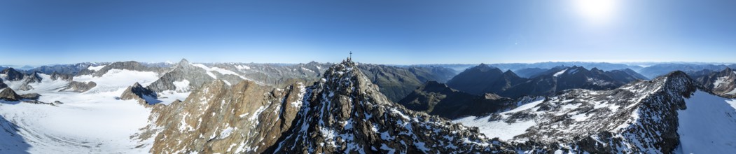 Panorama at the summit of the Wilder Freiger with summit cross and with glacier Übeltalferner and