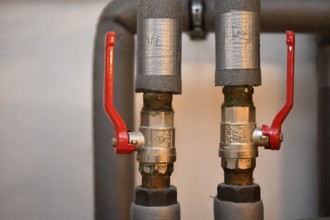 Ball valve, red, brass, heating pipes, foam, old heating system, gas heating, building services,
