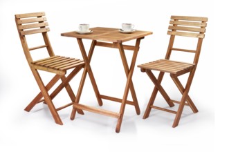 Balcony or bistro set, 2 folding chairs and wooden end table in front of a white background, two
