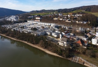 Drone image, housing estate, apartment blocks and high-rise estate, Puchenau, Linz Land district,