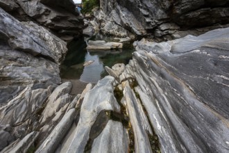Rocks, granite rock formations in the Maggia River near Ponte Brolla, in the Maggia Valley, Valle
