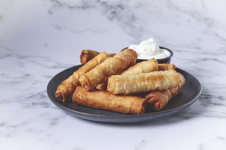 Fried spring rolls with cheese, on a plate, with cream sauce, no people
