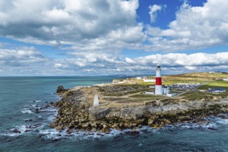 Portland Bill Lighthouse from a drone, Portland Bill, Isle of Portland, Dorset, England, United