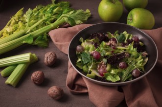 Fresh, Waldorf salad, celery stalk with chicken, apple and walnut, grapes, herbs, homemade, no