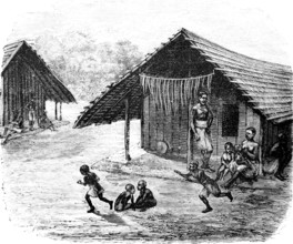 Everyday life of indigenous families on the Congo River, children playing outdoors, people sitting