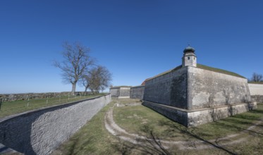 Fortress wall and moat of the Hohenzollern fortress Wülzburg, a historic Renaissance fortress,