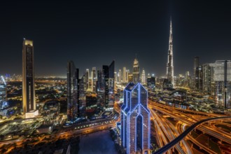 Dubai skyline at night, Burj Khalifa tallest building in the world, United Arab Emirates, Asia