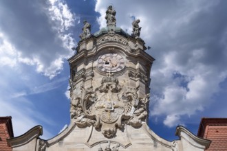 Clock tower of the castle church in the courtyard of the Ellingen Residence, Ellingen, Middle