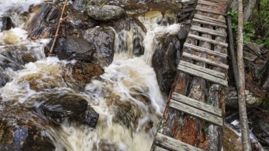 Wooden bridge over a stream, near Kvam, Gudbrandsdalen, Norway, Europe