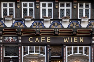 Half-timbered house from 1583, listed building, Cafe Wien, Old Town, Wernigerode, Harz,