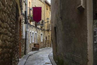 Cobblestone street winding through the charming medieval town of olite, navarre, spain, featuring