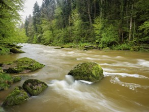 European beech trees shedding leaves, in the foreground moss-covered stones on the river Sihl,