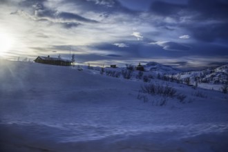 Snowy landscape at sunrise with a house and sparse bushes, Norway, Europe