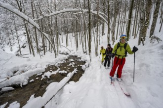 Three ski tourers in snowy winter forest with mountain stream, Hachelbach in Josefstal,