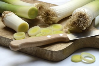 Leek, leek sticks and leek rings on a chopping board with a knife