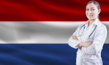 Female doctor on Dutch flag. Doctor with crossed arms on Dutch flag. Netherlands health and care