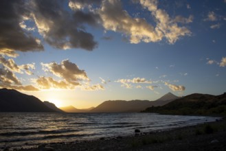 Sunset at Lago Huechulafquen with the Lanin volcano in Lanin National Park, Patagonia, Argentina,